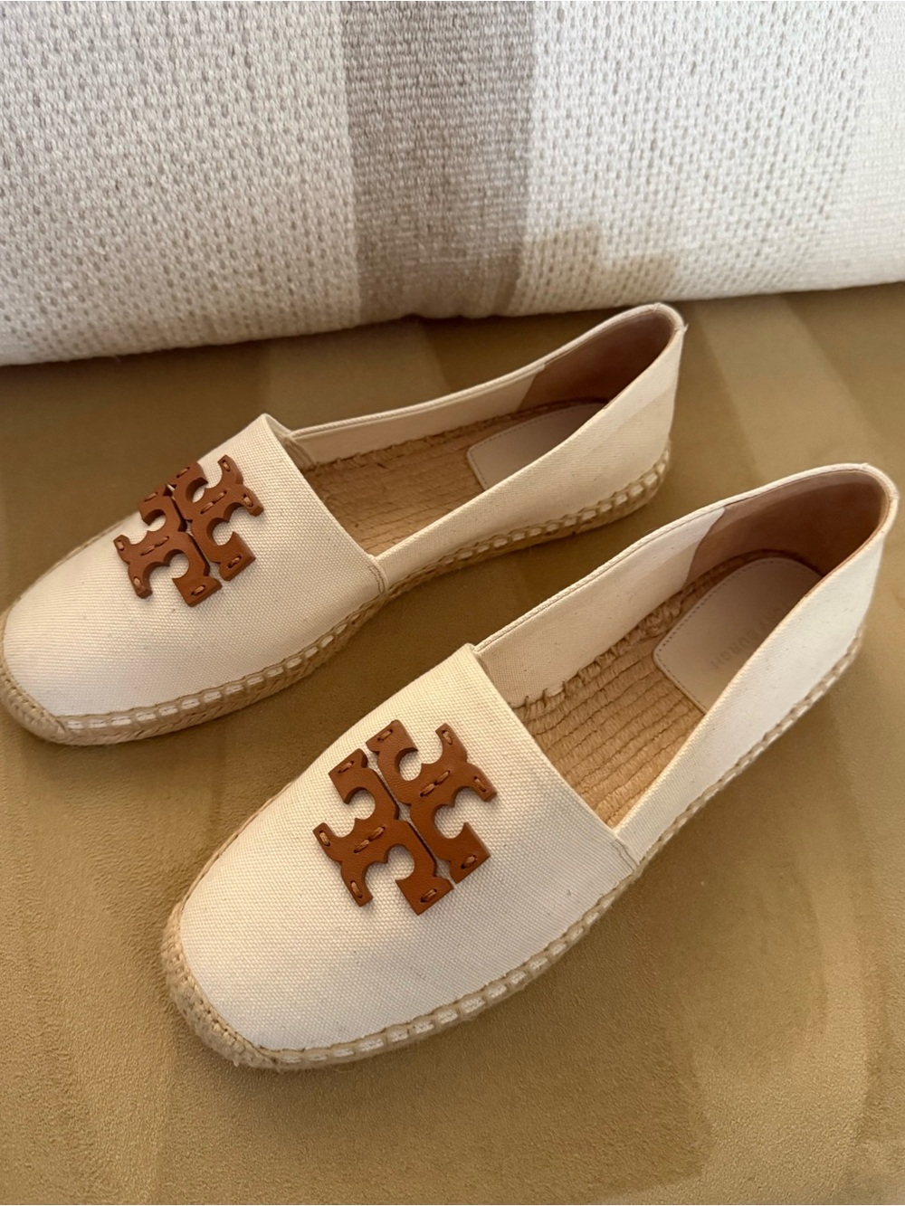 NEW Tory Burch Beige Canvas Espadrille Flats with Leather Logo